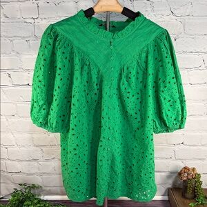 PrettyGarden‎ Emerald Green Lined Eyelet Blouse Rouched Puff Short Sleeved